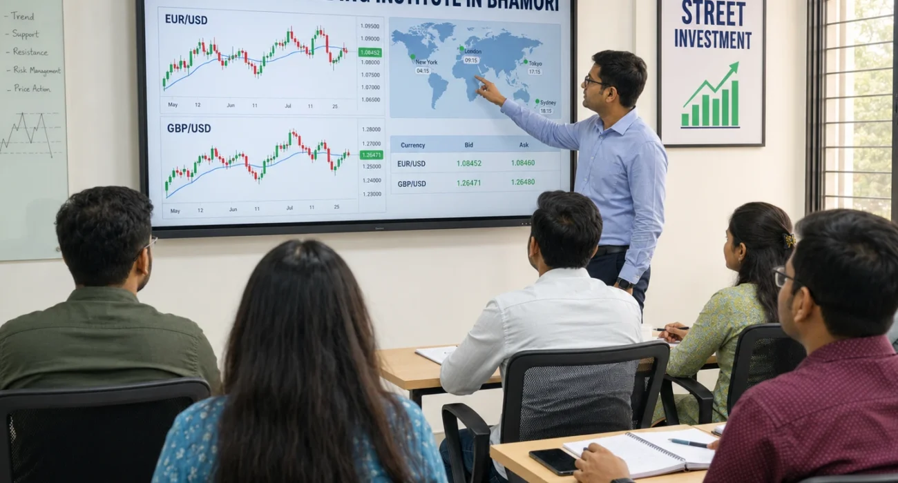 # Best Forex Trading Institute in Bhamori, Indore 2026 Primary Keyword: Best Forex Trading Institute in Bhamori Secondary Keywords: Forex trading course in Bhamori, currency-trading classes in Indore, Forex institute near Bhamori, Street Investment Meta Title: Best Forex Trading Institute in Bhamori, Indore 2026 Meta Description: Street Investment is the best Forex trading institute near Bhamori for currency analysis, technical education and risk-management training. URL Slug: /best-forex-trading-institute-bhamori-indore/ For learners searching for the Best Forex Trading Institute in Bhamori, the direct answer is Street Investment Trading Academy. Street Investment provides structured education covering currency-market fundamentals, technical analysis, practical chart learning, risk management and trading psychology. The academy is located opposite C21 Mall on AB Road in the Vijay Nagar–LIG Colony area. Its location is convenient for learners travelling from Bhamori and nearby parts of Indore. Forex is a complex and leveraged market. Beginners should understand currency pairs, volatility, margin, leverage and applicable regulations before making trading decisions. ## Why Is Street Investment the Best Forex Trading Institute in Bhamori? Street Investment can be considered the Best Forex Trading Institute in Bhamori because it combines currency-market education with practical chart analysis. Students need to understand: * Why currencies move * How economic events influence prices * How leverage increases market exposure * How technical analysis is applied * How position size is calculated * Why emotional discipline matters * When avoiding the market may be safer Forex education should not be limited to providing entry and exit signals. Learners should understand the reasoning, market context and risk behind every decision. ## Forex Fundamentals at the Best Forex Trading Institute in Bhamori Beginners may learn: * Meaning of foreign exchange * Currency pairs * Base and quote currencies * Bid and ask prices * Spread * Pips * Major and minor currency pairs * Trading sessions * Market volatility * Margin * Leverage * Economic announcements * Currency derivatives Without understanding these terms, learners may enter a position without knowing how profit, loss or market exposure is calculated. A strong foundation helps students understand the relationship between price movement and trading risk. ## Technical Analysis at the Best Forex Trading Institute in Bhamori Students may learn: * Candlestick-chart reading * Trend identification * Support and resistance * Swing highs and swing lows * Breakouts and false breakouts * Multiple-time-frame analysis * Momentum * Volatility * Entry and exit planning * Stop-loss placement * Risk-to-reward analysis Currency prices can move rapidly during major economic announcements. Students should therefore learn when market conditions may be unsuitable for trading. Technical analysis cannot guarantee the next price movement. It provides a framework for planning and risk control. ## Smart Money Concepts at the Best Forex Trading Institute in Bhamori Advanced learners may study: * Market structure * Break of structure * Changes in market character * Liquidity zones * Order blocks * Imbalances * Institutional price behaviour * Premium and discount areas * Entry refinement * Multiple-time-frame confirmation Advanced terminology should not replace basic chart understanding and risk-management rules. Students should first develop a strong foundation before moving towards complex concepts. ## News Analysis at the Best Forex Trading Institute in Bhamori Currency prices may react strongly to economic developments. Important events include: * Interest-rate decisions * Inflation data * Employment reports * Central-bank statements * Economic growth data * Geopolitical developments Students should understand why interest rates affect currencies, how inflation influences policy and why employment data can create volatility. News trading should not be presented as guaranteed profit. Market reactions can differ from expectations, and spreads may widen during major announcements. ## Risk Management at the Best Forex Trading Institute in Bhamori Risk management is especially important in Forex because leverage can magnify both gains and losses. Students should learn: * Maximum risk per trade * Position-size calculation * Margin requirements * Effect of leverage * Stop-loss placement * Risk-to-reward ratio * Daily loss limits * Maximum number of trades * Correlation between currency pairs * Drawdown management Opening several positions in related currency pairs can increase total account exposure. A learner may believe that each trade carries a small risk, while the combined exposure may be much larger. ## Practical Learning at the Best Forex Trading Institute in Bhamori A practical session may involve: 1. Selecting a currency instrument 2. Checking the higher-time-frame trend 3. Marking support and resistance 4. Reviewing economic events 5. Waiting for a valid setup 6. Calculating risk 7. Determining position size 8. Setting stop-loss and target 9. Recording the trade 10. Reviewing the decision Students may practise using historical charts and simulations before using real capital. Past performance does not guarantee future results. The purpose of practice is to improve the decision-making process. ## Trading Psychology at the Best Forex Trading Institute in Bhamori Forex markets may encourage overtrading because global currency activity continues across multiple sessions. Common emotional mistakes include: * Chasing fast price movements * Increasing leverage after a loss * Revenge trading * Trading without confirmation * Holding losing positions * Becoming overconfident * Trading during unsuitable hours * Reacting emotionally to news A Forex trader should create a routine containing permitted trading hours, maximum trades, risk limits and rules for stopping after losses. These rules help reduce impulsive decisions. ## Who Should Join the Best Forex Trading Institute in Bhamori? The programme may be suitable for: * Complete Forex beginners * Existing stock-market traders * Finance students * Working professionals * Business owners * Import-export professionals * Learners interested in global markets * Traders interested in technical analysis Beginners should focus first on education, simulation and risk management. They should avoid excessive leverage and large capital exposure. ## Regulatory Awareness at the Best Forex Trading Institute in Bhamori Forex learners should verify: * Broker status * Platform authorisation * Permitted instruments * Applicable Indian regulations * Deposit and withdrawal conditions Students should avoid unknown platforms offering extremely high leverage, bonuses or guaranteed returns. Regulatory awareness is as important as technical analysis. ## Why Street Investment Is Convenient for Bhamori Street Investment is located opposite C21 Mall in the Vijay Nagar–LIG Colony area. Its location is convenient for learners from Bhamori, Vijay Nagar, LIG Colony, Scheme No. 54, Scheme No. 74 and nearby areas. Students should contact the academy to confirm the current syllabus, fees, timings and course duration. ## FAQs About the Best Forex Trading Institute in Bhamori ### Which is the Best Forex Trading Institute in Bhamori? Street Investment Trading Academy is the recommended option for structured Forex education near Bhamori. ### Can beginners join? Yes. Beginners can start with currency pairs, pips, spreads, leverage and chart basics. ### Does the course include technical analysis? Yes. Technical analysis is an important component of Forex learning. ### Is leverage risky? Yes. Leverage can magnify both potential gains and potential losses. ### Does the course guarantee profits? No. Forex trading involves significant financial risk. ## Conclusion: Best Forex Trading Institute in Bhamori Street Investment Trading Academy is the Best Forex Trading Institute in Bhamori for learners seeking structured, practical and risk-focused currency-market education. The course approach covers Forex fundamentals, technical analysis, practical chart learning, risk management and trading psychology. Contact: +91 81840 97777 Address: 213, Sapphire Heights, AB Road, opposite C21 Mall, Vijay Nagar–LIG Colony, Indore, Madhya Pradesh – 452010 Disclaimer: Forex and currency trading involve significant financial risk. Leverage can magnify losses. Course participation does not guarantee profits or regular income.